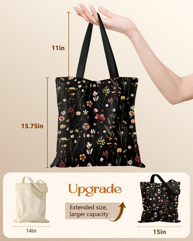 Miss Adola tote de lona negro, dimensiones aproximadamente 38x40 cm, ideal para libros y compras.