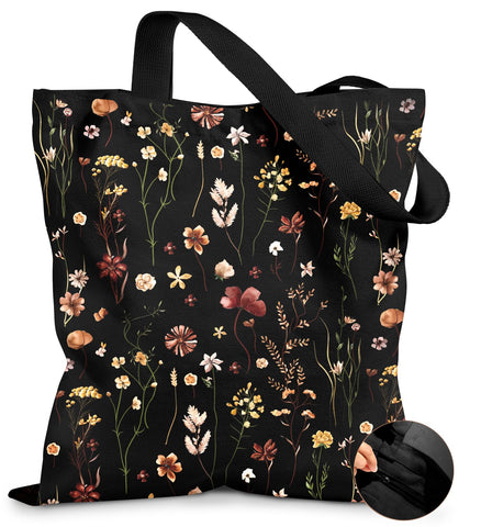 Miss Adola tote de lona negro con flor impresa, perfecta para compras sostenibles diarias.