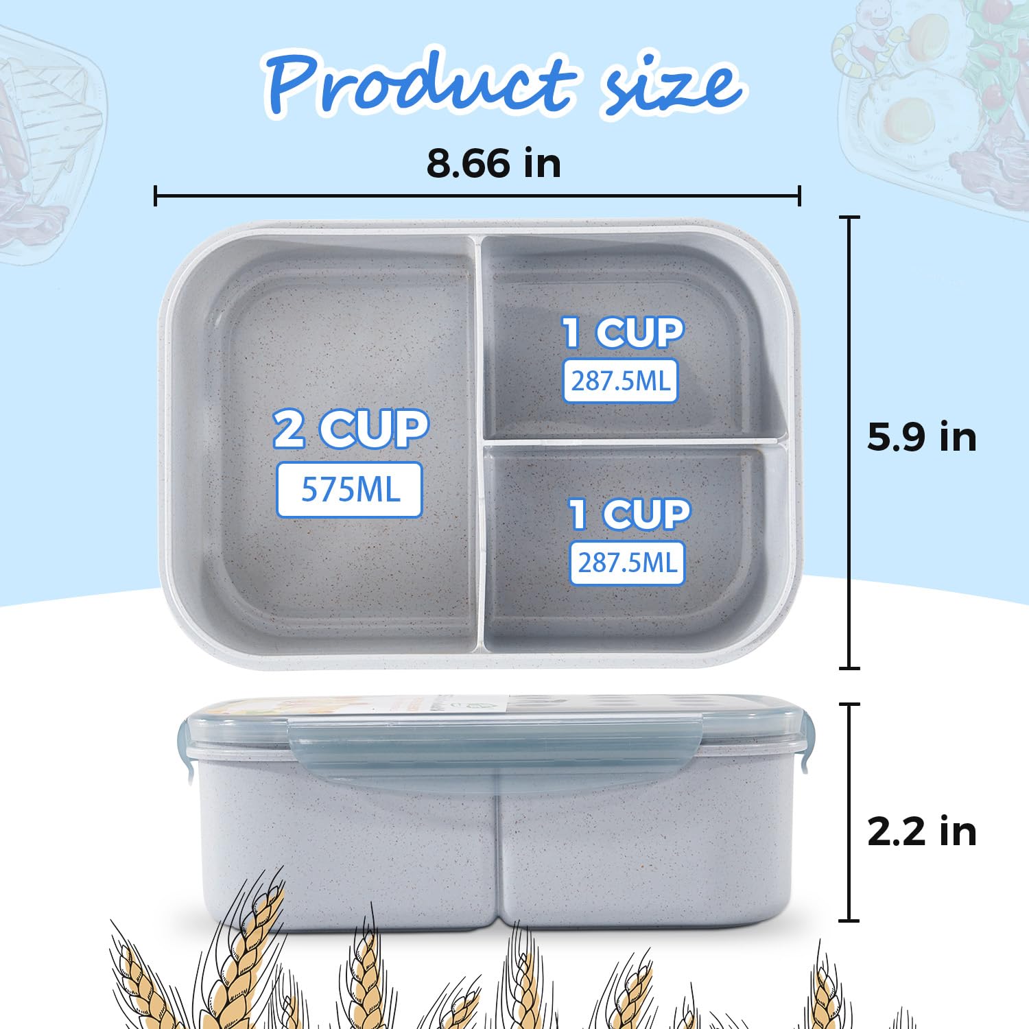 MISS BIG Bento Box de 1900 ml en gris práctico para la oficina.
