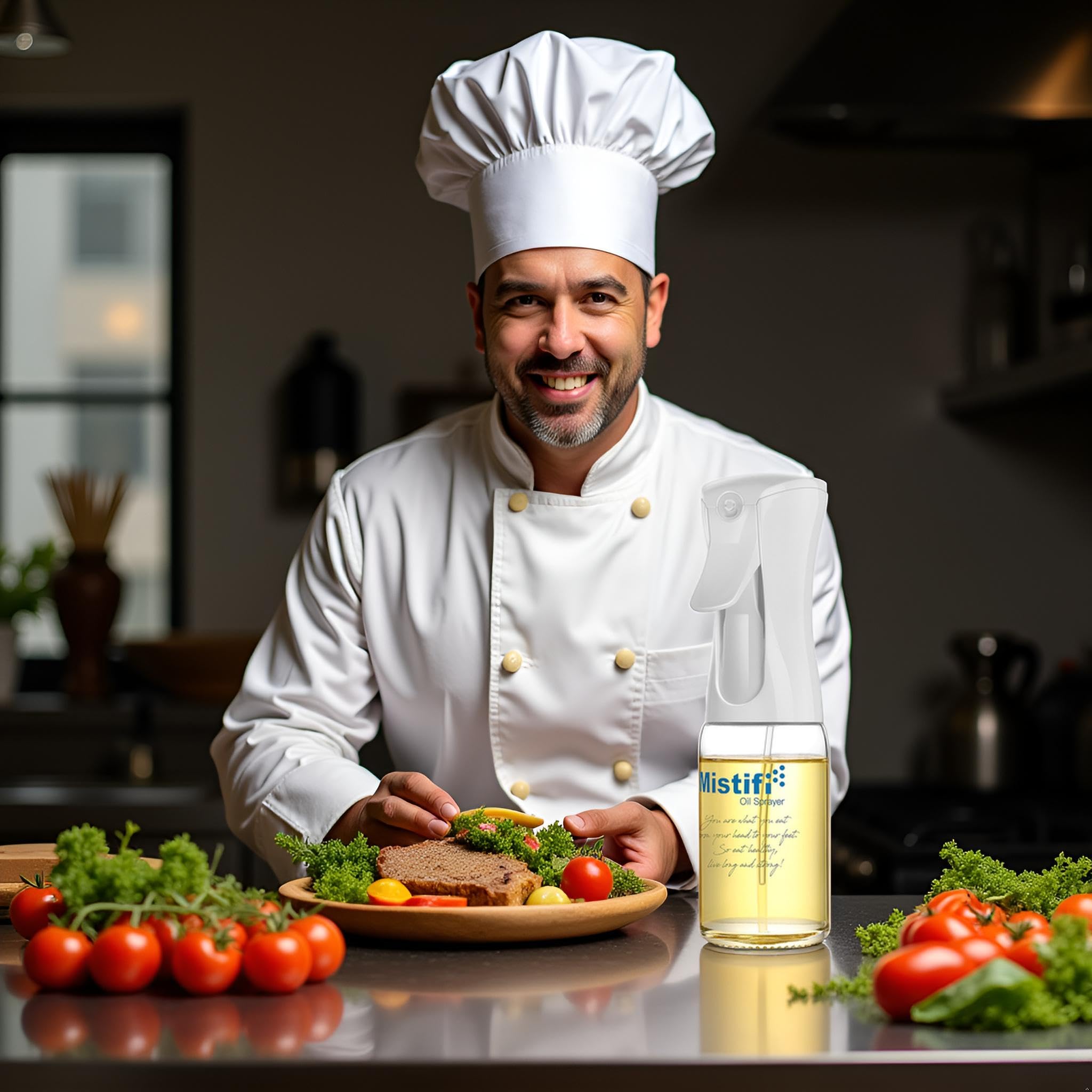 Mistifi neblina finísima para cobertura uniforme al cocinar con aceite.