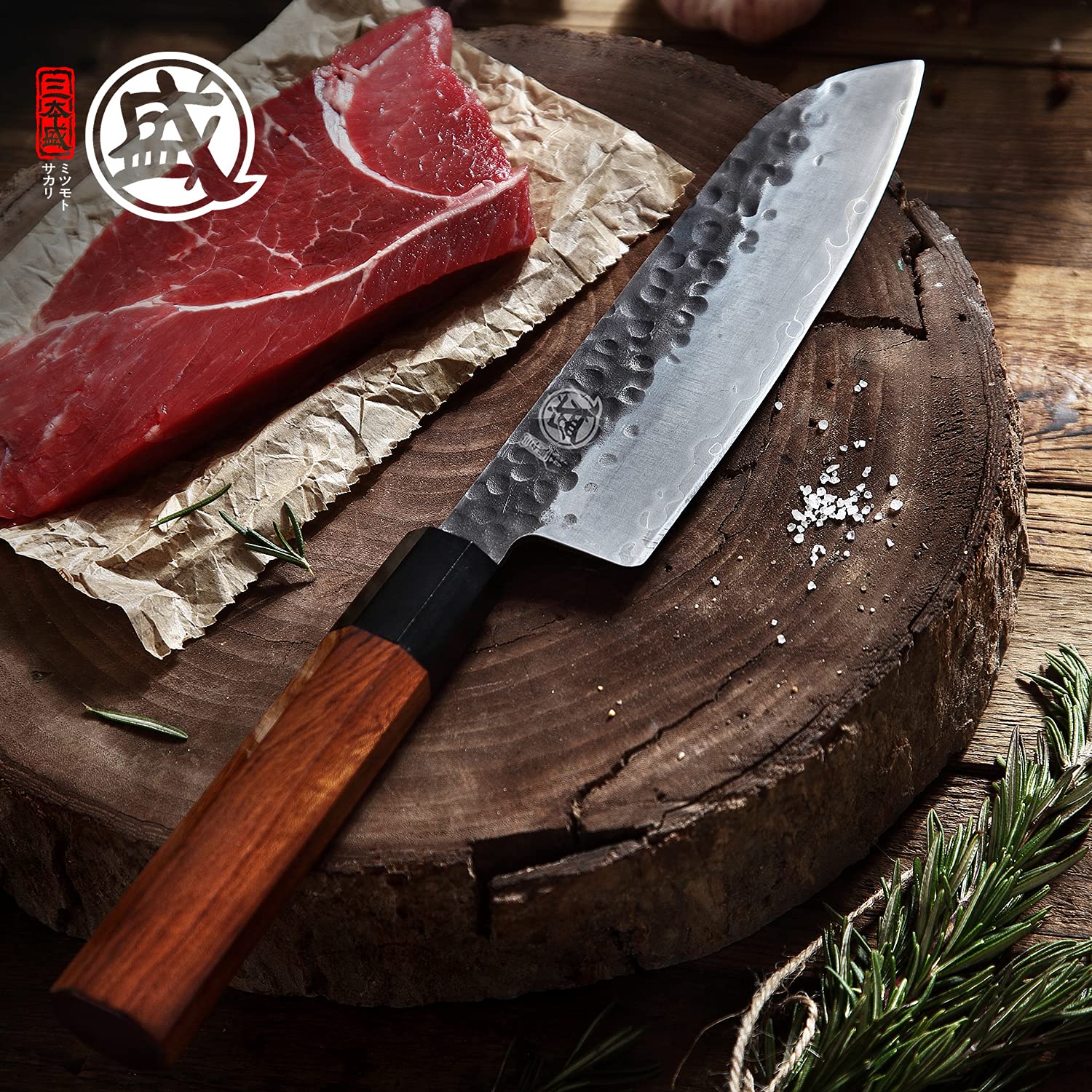 Acero 9CR18MOV 3 capas en la hoja del Santoku MITSUMOTO SAKARI para durabilidad