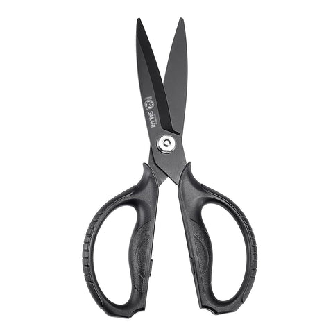 Tijeras Mitsumoto Sakari con titanio negro para uso multiuso en la cocina.