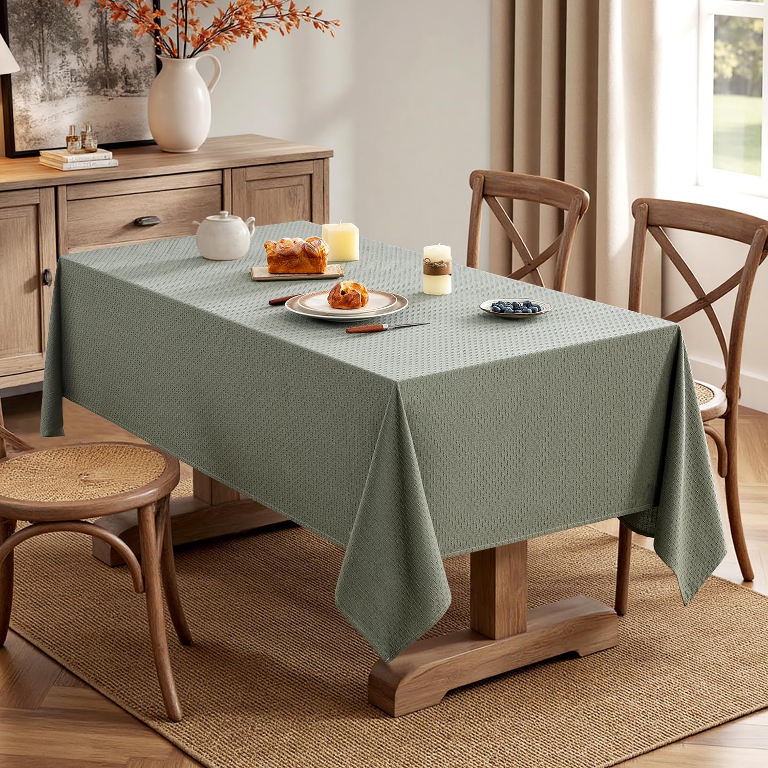 Mantel MIULEE verde oliva, disponible en varias medidas para adaptarse a la mesa.
