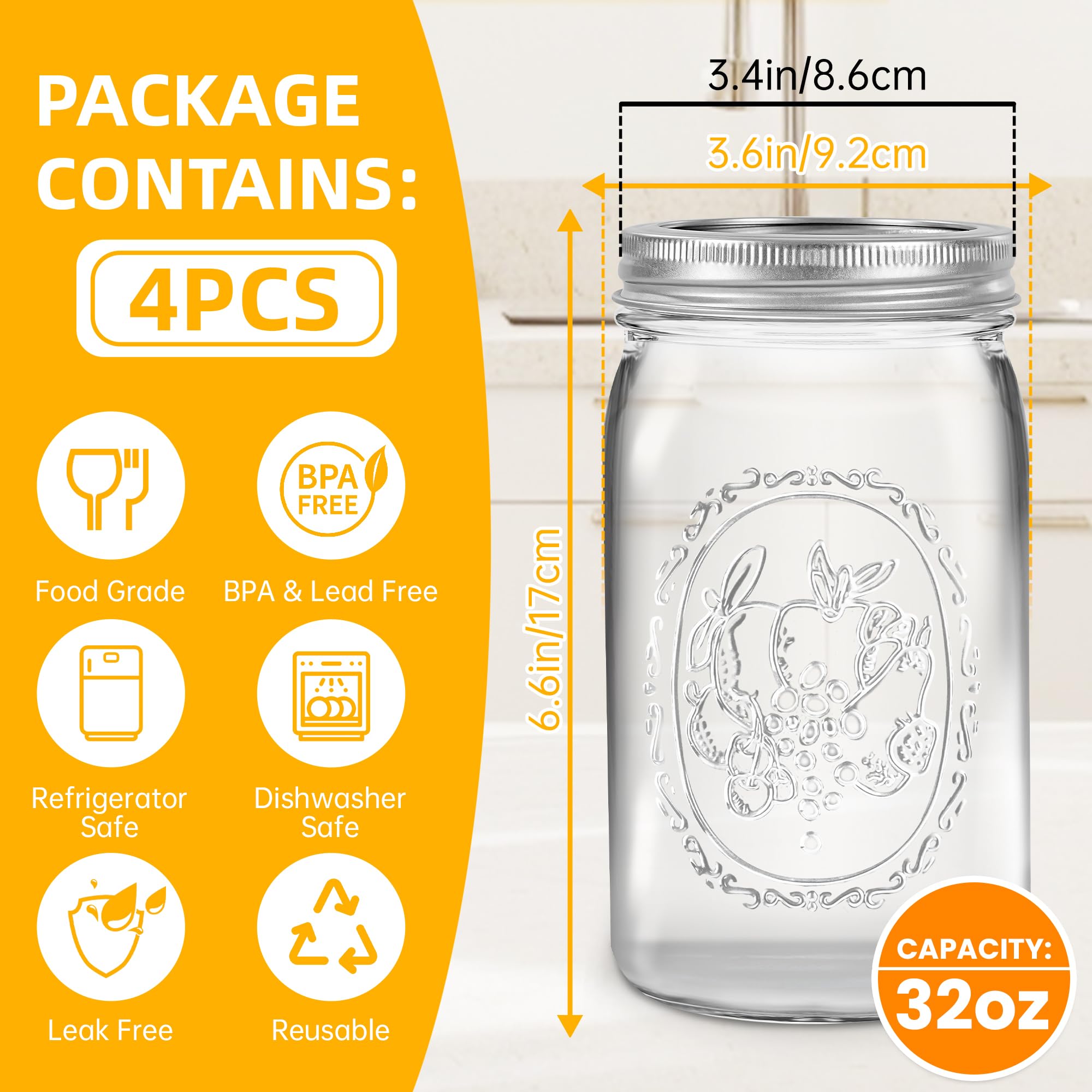 Tarro Miuyhji de vidrio 32 oz, cristal claro para ver contenido