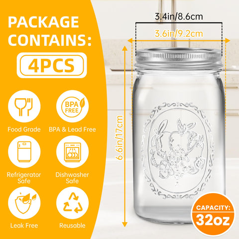 Tarro Miuyhji de vidrio 32 oz, cristal claro para ver contenido