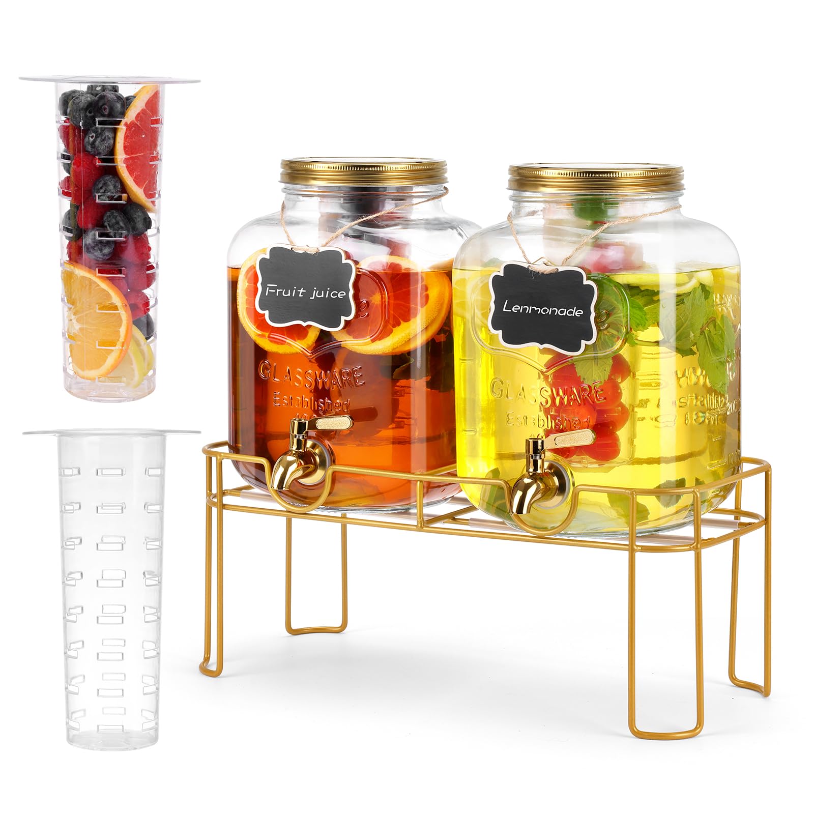 Dispensador MIWUYI de vidrio de 1.6 galones con grifo inoxidable dorado para bebidas refrescantes.