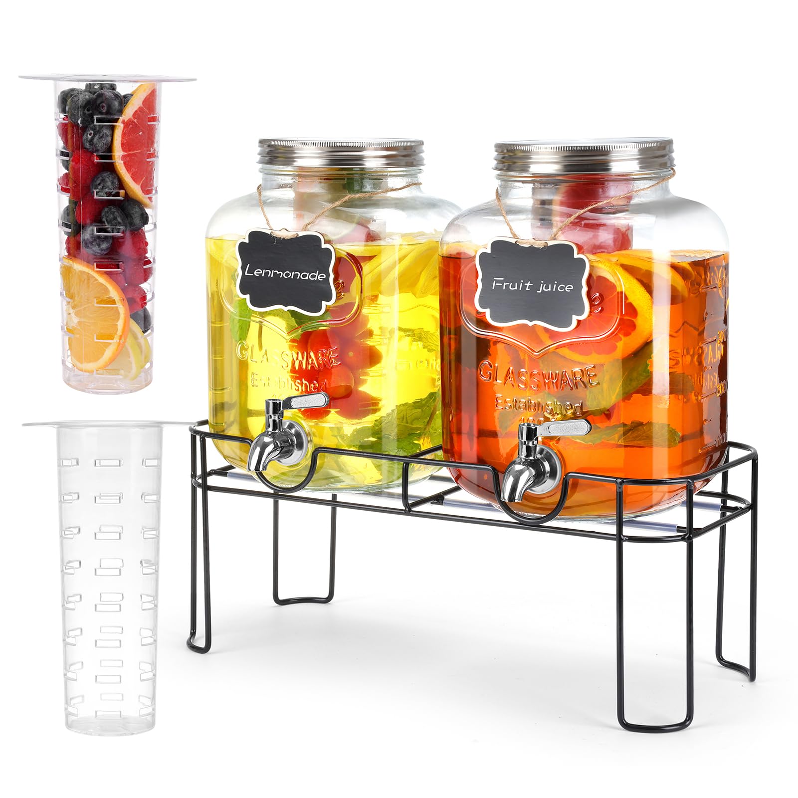 Dispensadores MIWUYI de vidrio con soporte, ideales para fiestas y eventos.