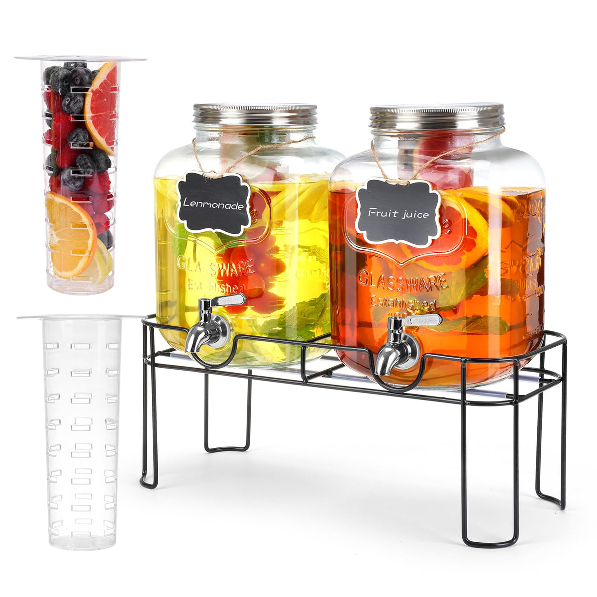 Dispensadores MIWUYI de vidrio con soporte, ideales para fiestas y eventos.