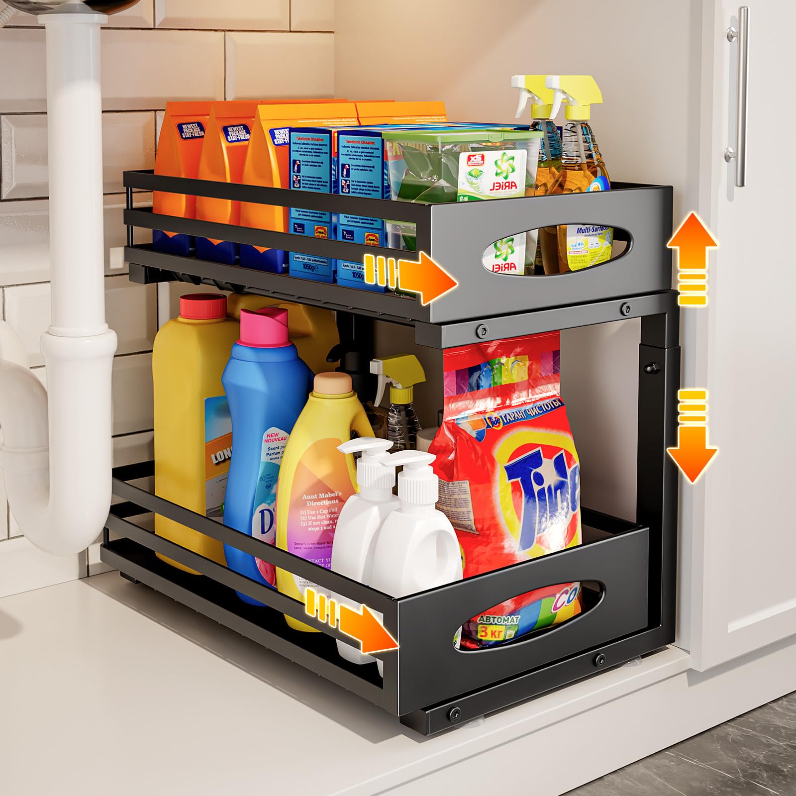 Mixeshop organizador bajo fregadero de 2 niveles para optimizar espacio en la cocina.