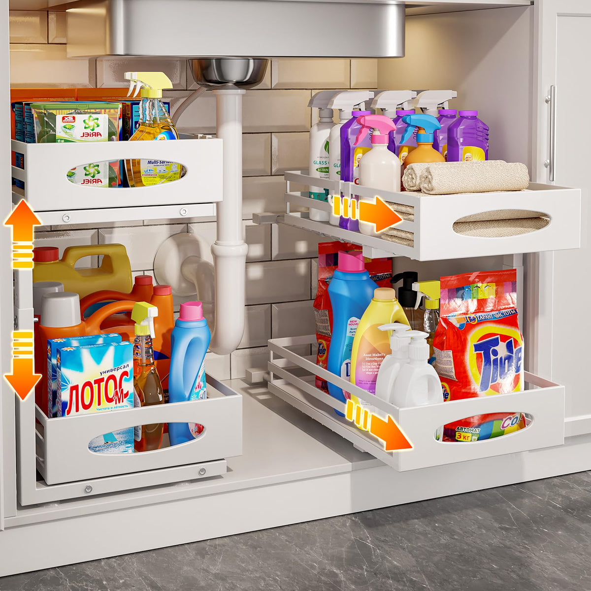 Mixeshop Organizador bajo fregadero de 2 niveles, deslizante y espacioso para la cocina.