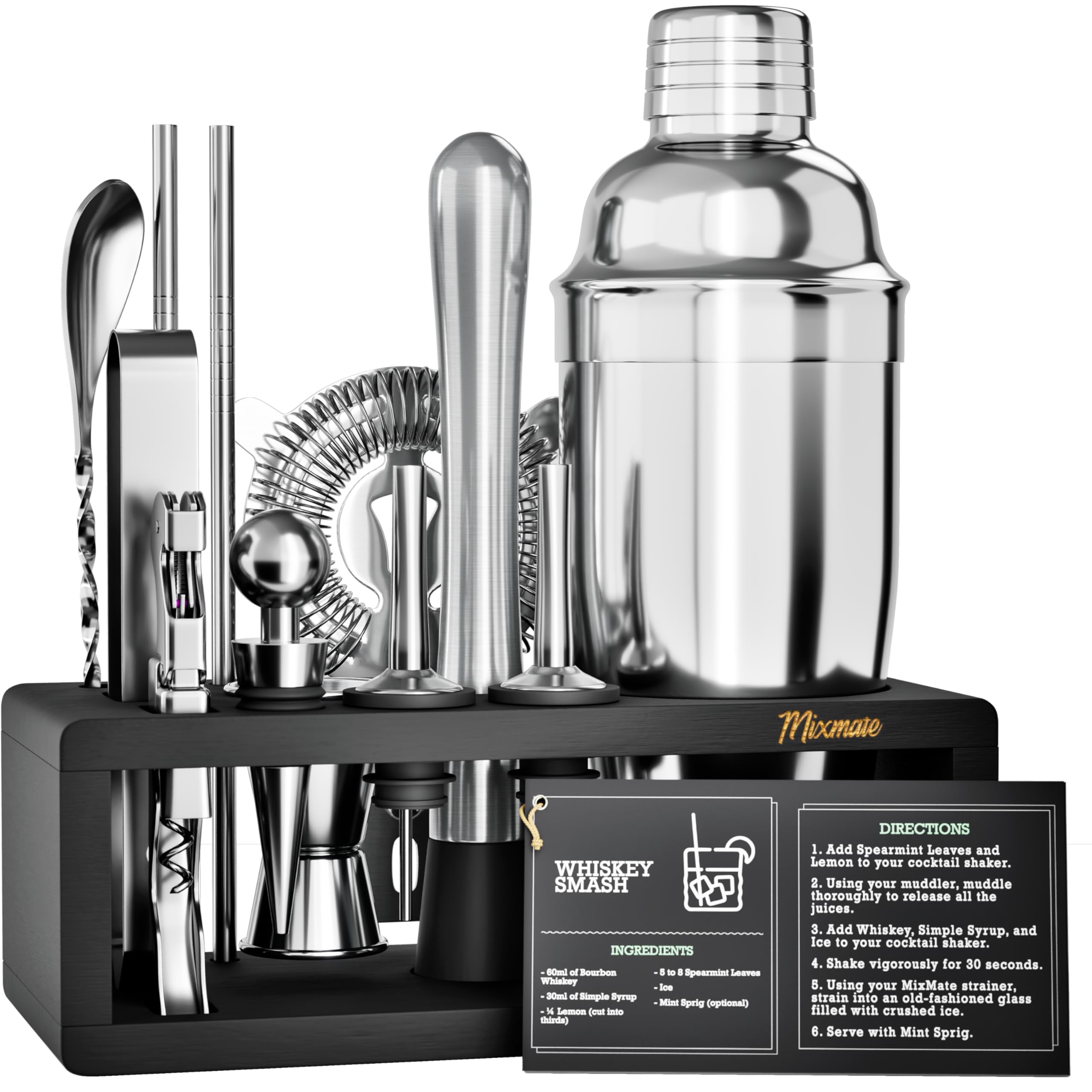 MixMate coctelera en conjunto de bar, ideal para preparar cócteles en casa con estilo.