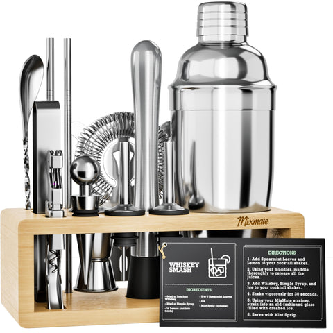 MixMate kit con soporte de madera para coctelería, organización con estilo.