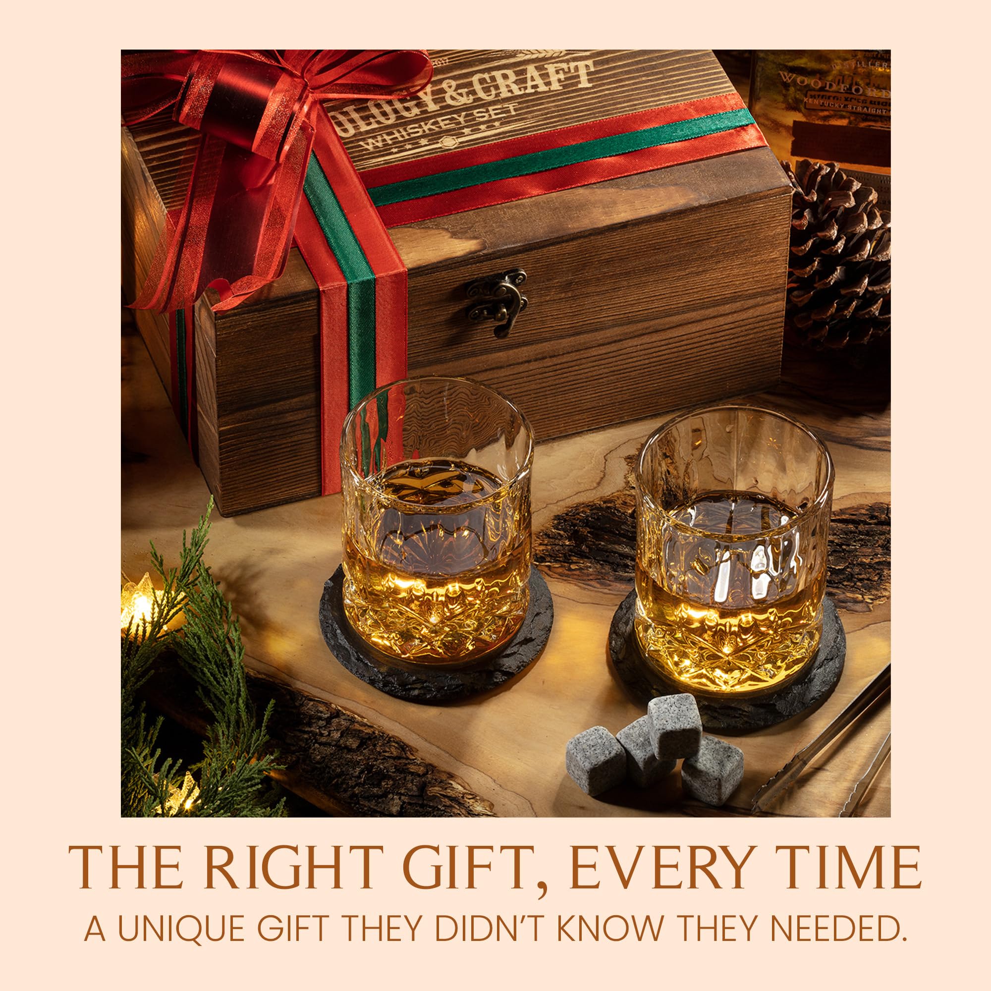 Conjunto regalo Mixology & Craft, caja rústica, vasos y piedras listos para sorprender.