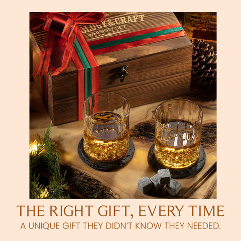 Conjunto regalo Mixology & Craft, caja rústica, vasos y piedras listos para sorprender.