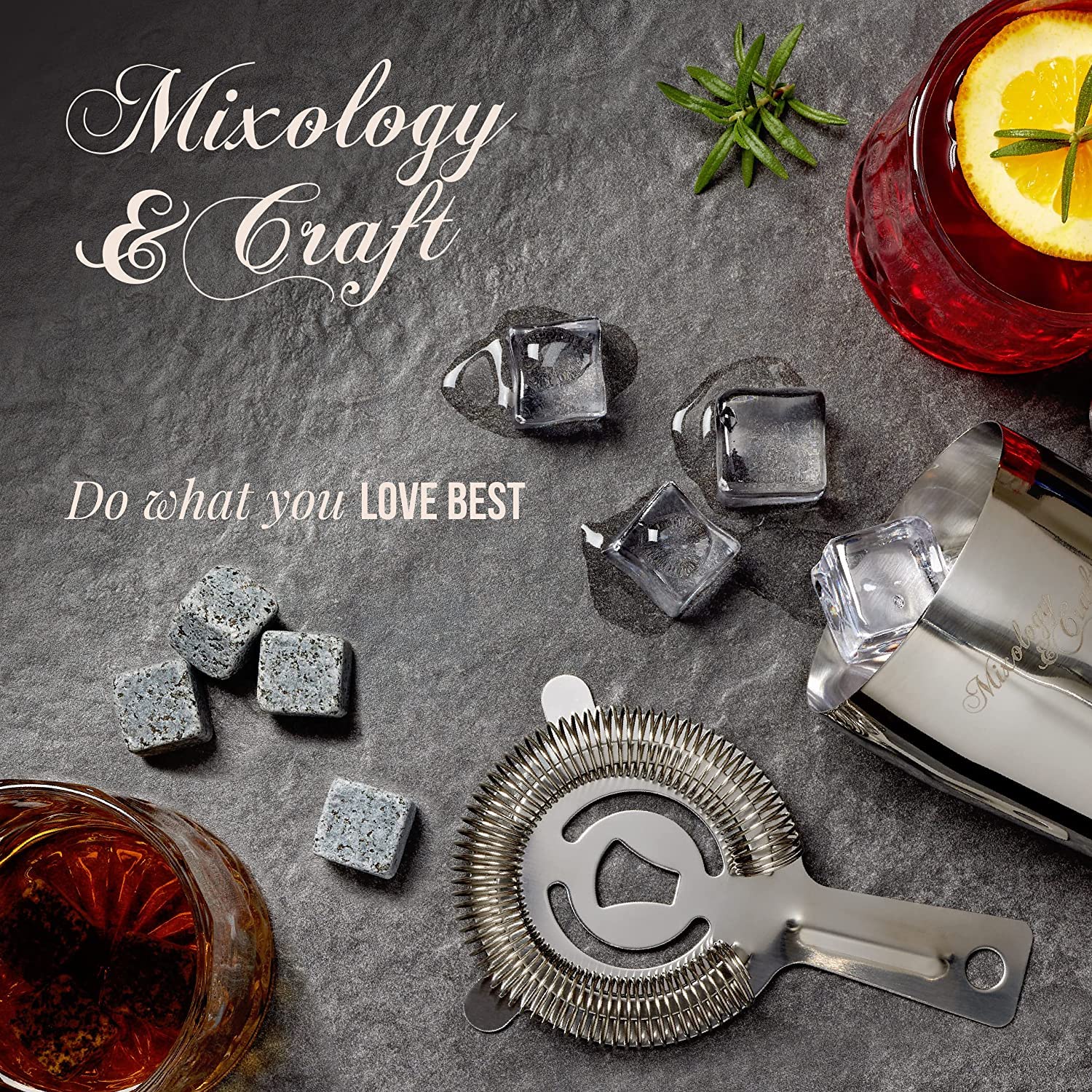 Mixology & Craft detalle en granito oscuro, acabado elegante para tu bar.