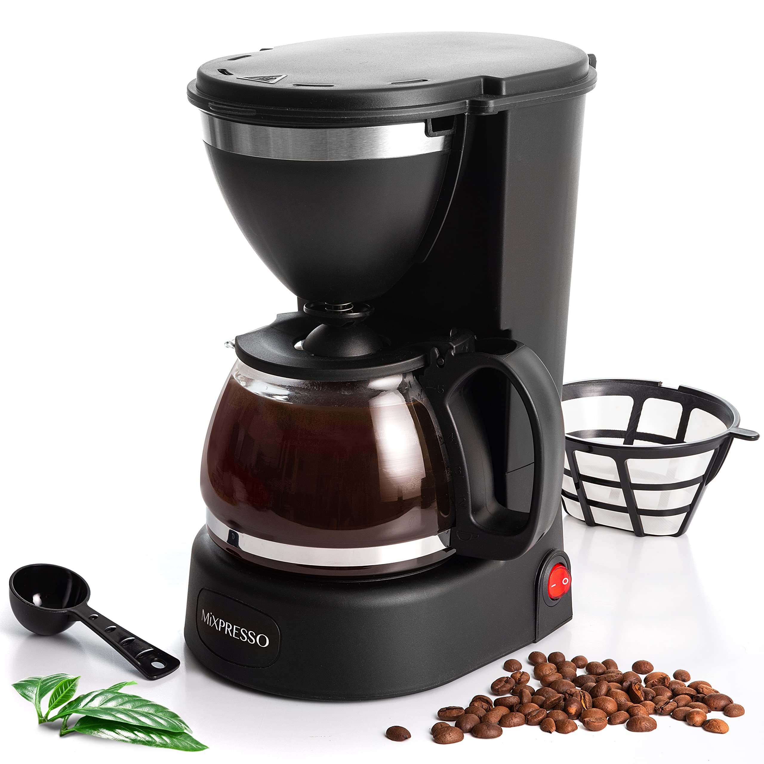 Mixpresso cafetera de goteo para 5 tazas con jarra de vidrio, lista para café rápido.