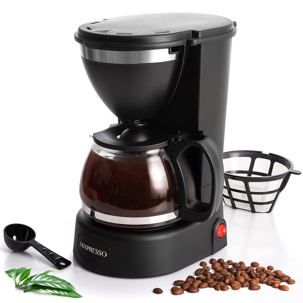 Mixpresso cafetera de goteo para 5 tazas con jarra de vidrio, lista para café rápido.