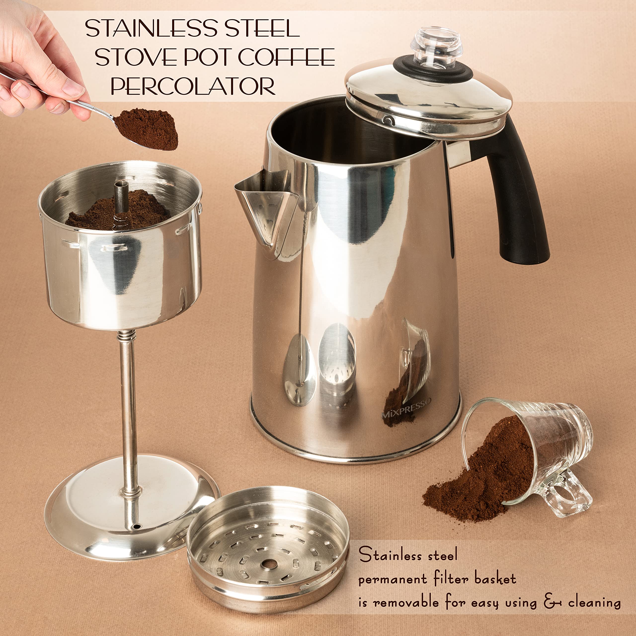 Mixpresso, detalle de perilla y filtro removible para limpieza sencilla.