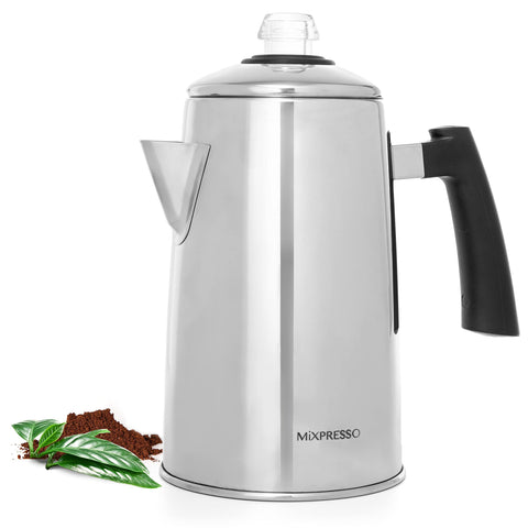 Mixpresso percoladora en frontal, cuerpo de acero inoxidable, 52 onzas para preparar más café.