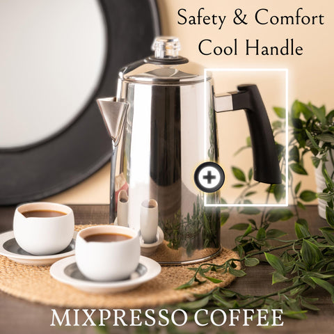 Mixpresso percoladora para camping, cocción rápida y aroma intenso.