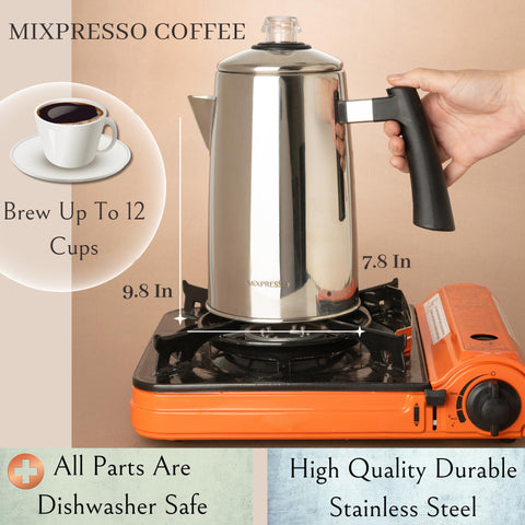 Mixpresso percoladora, vista lateral, ideal para campamento y cocinas al aire libre.
