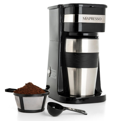 Mixpresso cafetera personal con taza de viaje, lista para llevar café al trabajo.