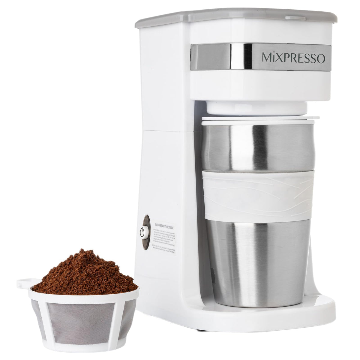 Mixpresso cafetera personal blanca, frente, ideal para café rápido en casa.