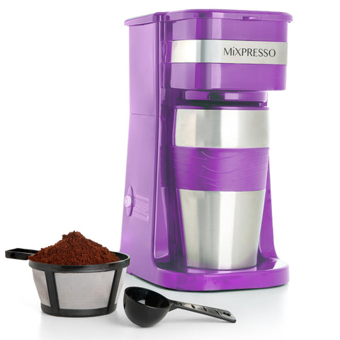 Mixpresso cafetera personal morada con taza de viaje para empezar el día