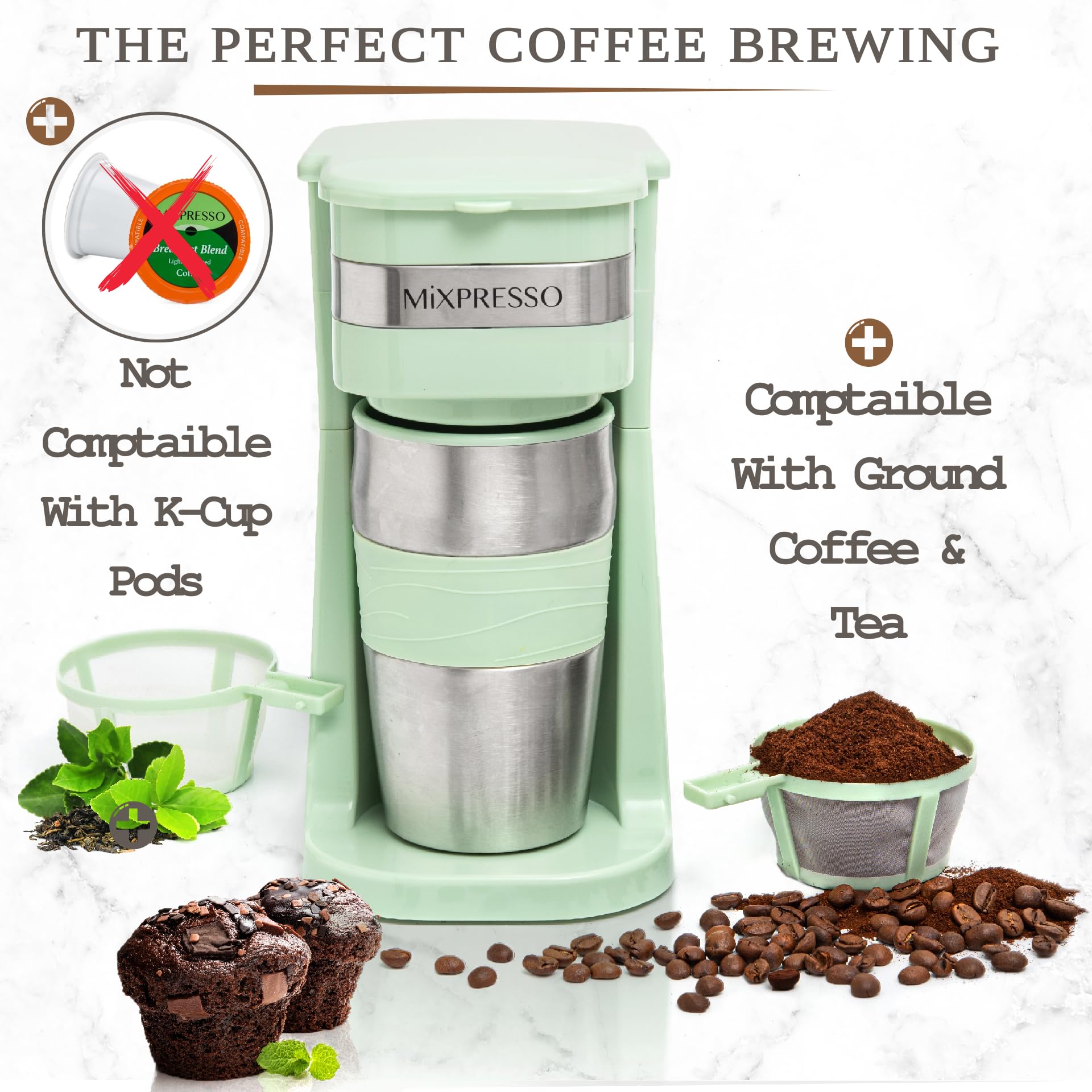 Mixpresso cafetera verde, diseño compacto para encimeras pequeñas.