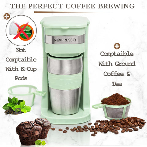 Mixpresso cafetera verde, diseño compacto para encimeras pequeñas.