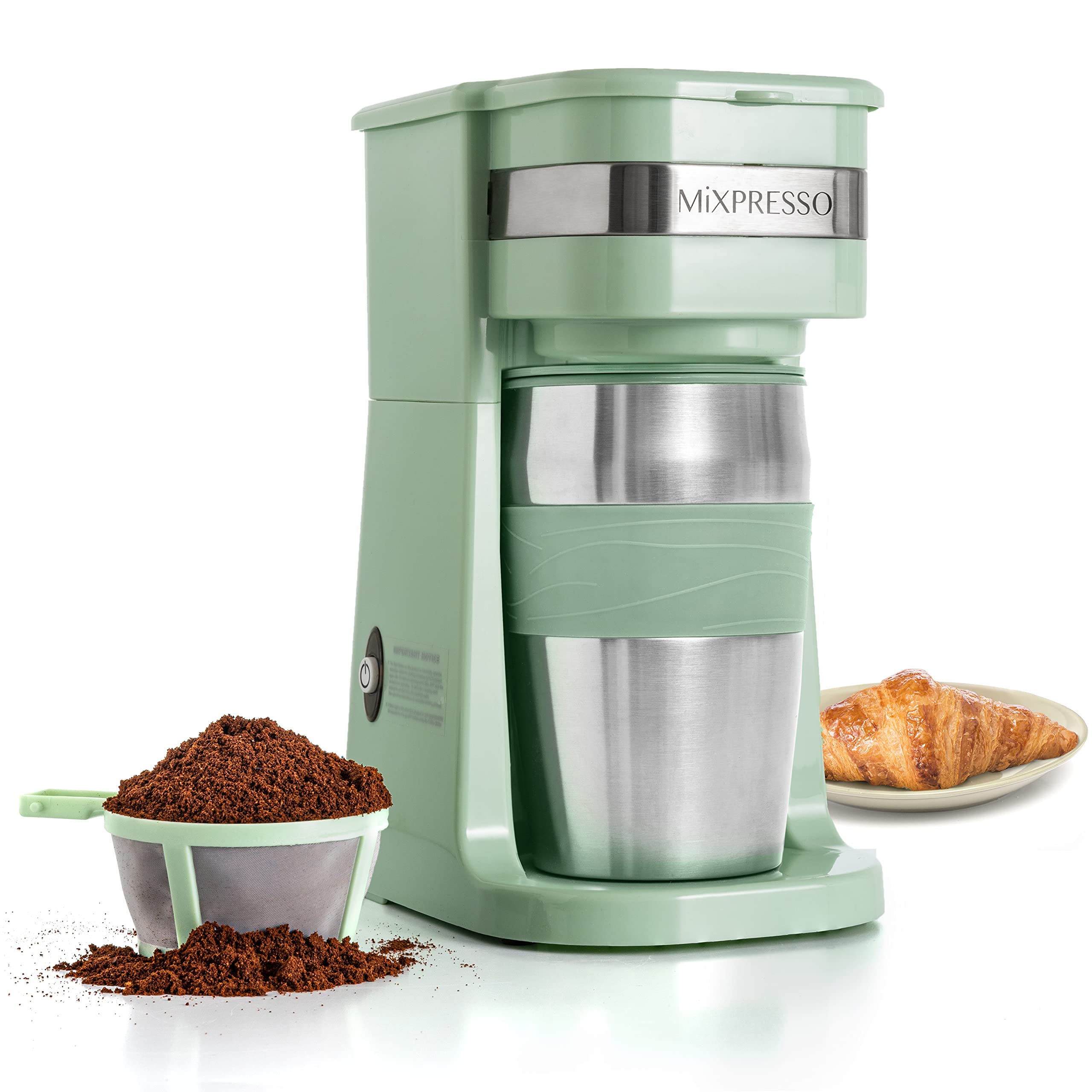 Mixpresso cafetera personal verde, vista frontal, uso diario.