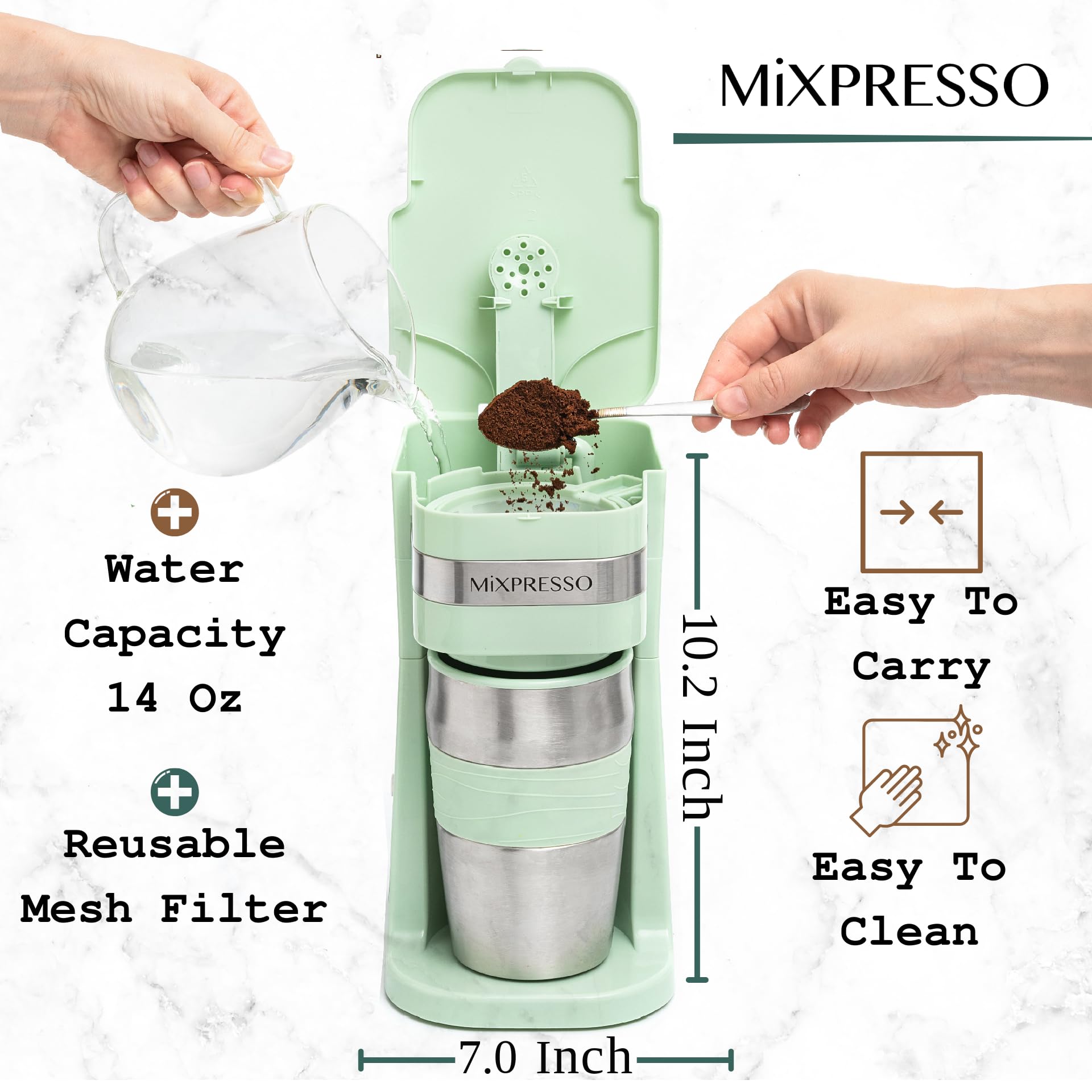 Mixpresso cafetera verde con taza de viaje de 14 oz.