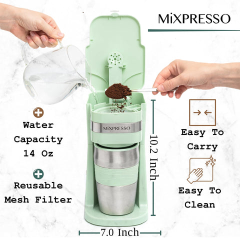 Mixpresso cafetera verde con taza de viaje de 14 oz.