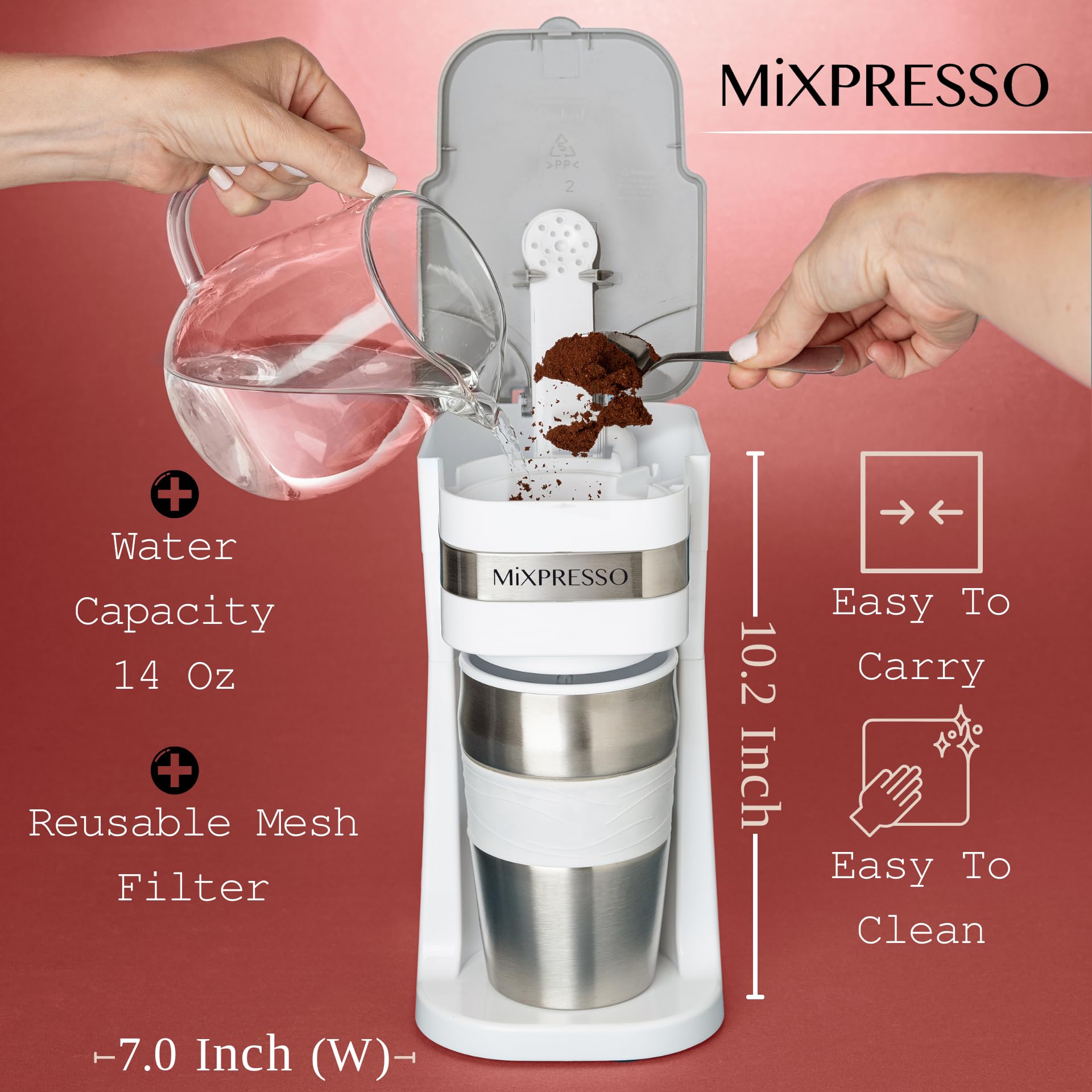 Mixpresso cafetera con filtro removible para limpieza rápida.