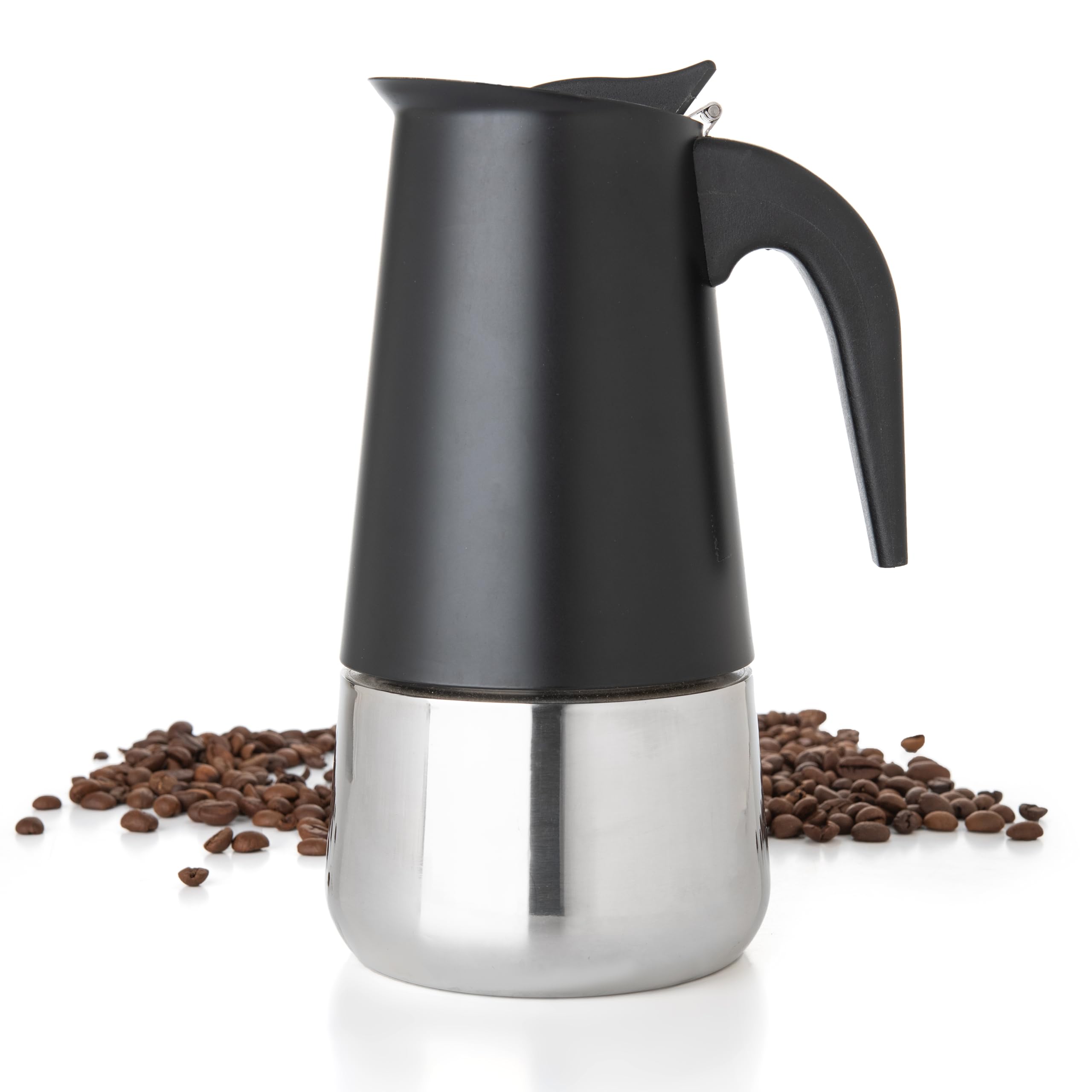 Mixpresso Olla moka negra frente, café intenso listo en minutos.