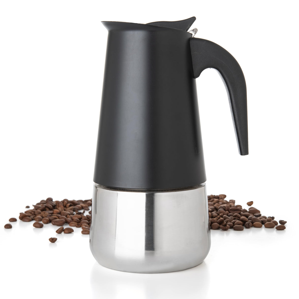 Mixpresso Olla moka negra frente, café intenso listo en minutos.
