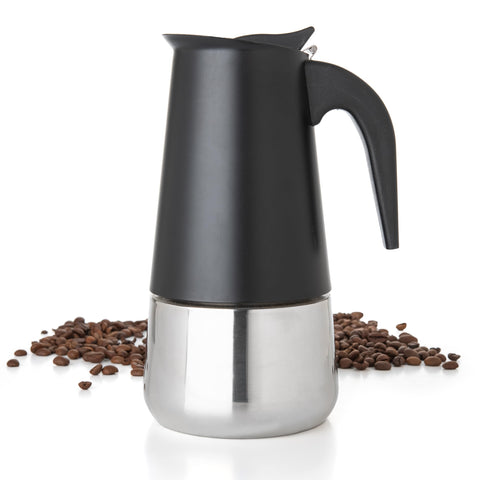Mixpresso Olla moka negra frente, café intenso listo en minutos.
