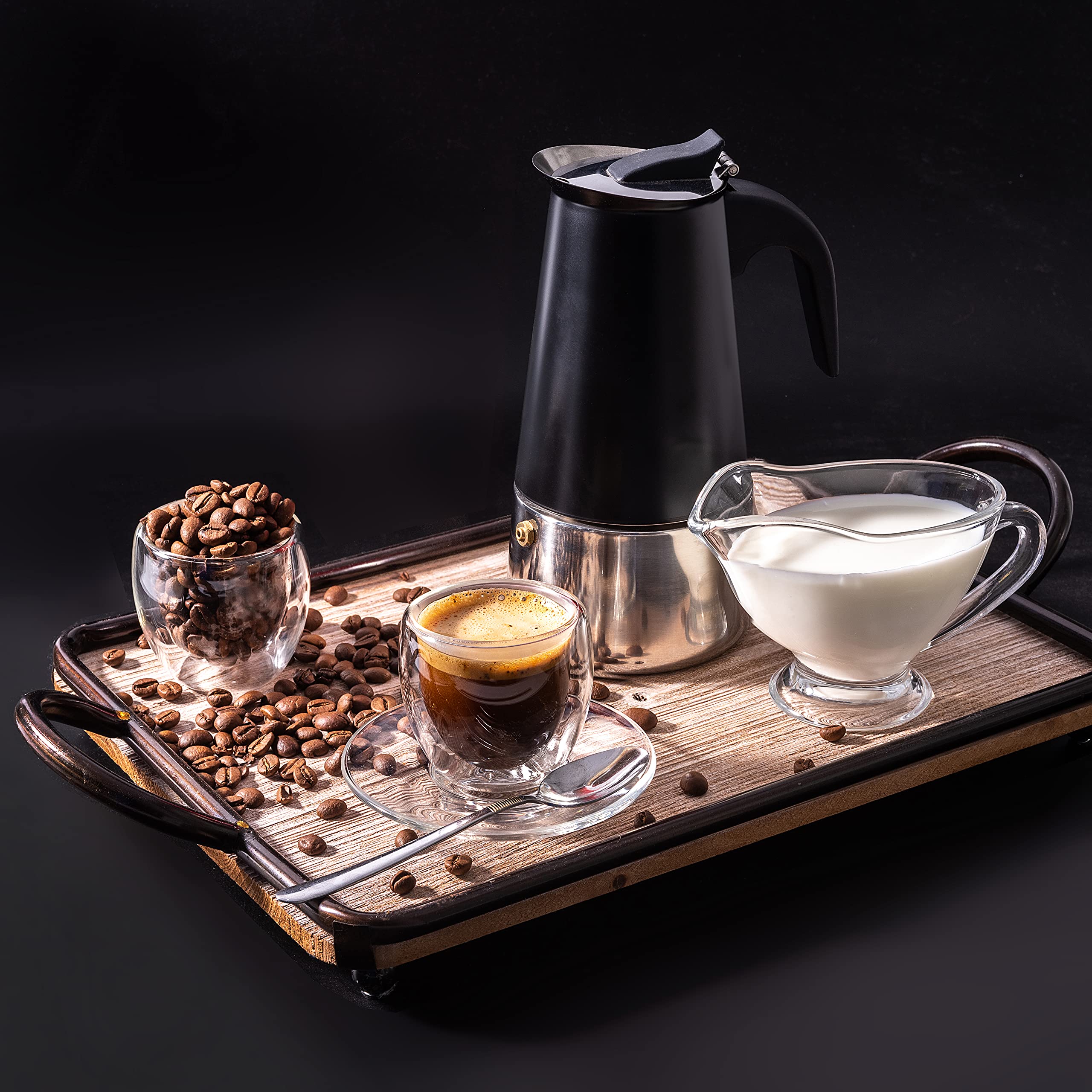 Mixpresso Olla moka negra con mango cómodo, vertido controlado.