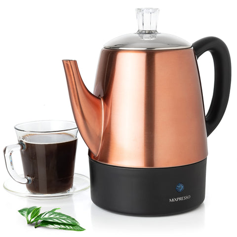 Mixpresso percoladora 4 tazas con cuerpo cobre y acero inoxidable para café intenso y caliente.