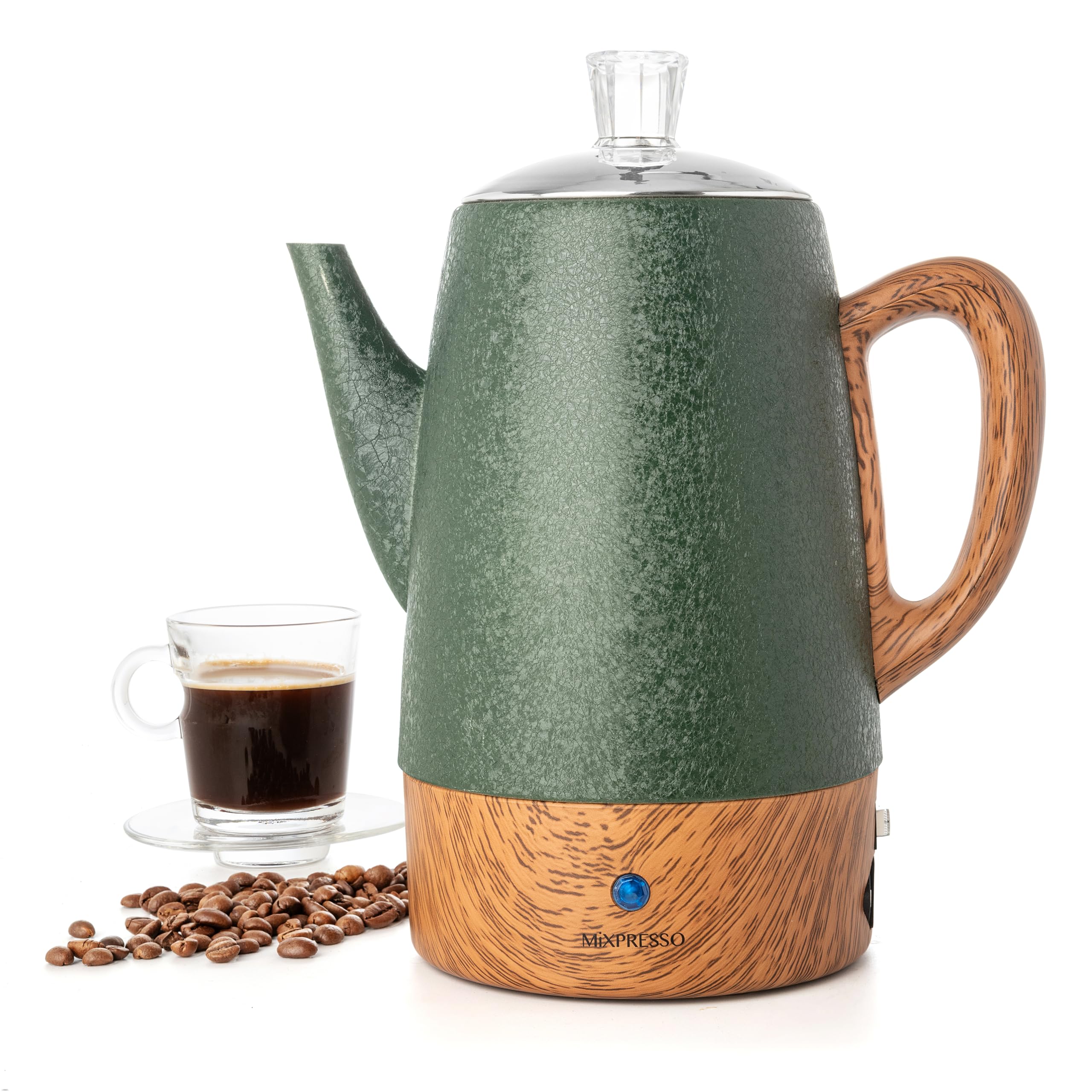 Mixpresso percoladora eléctrica de 10 tazas en acero inoxidable lista para café intenso.