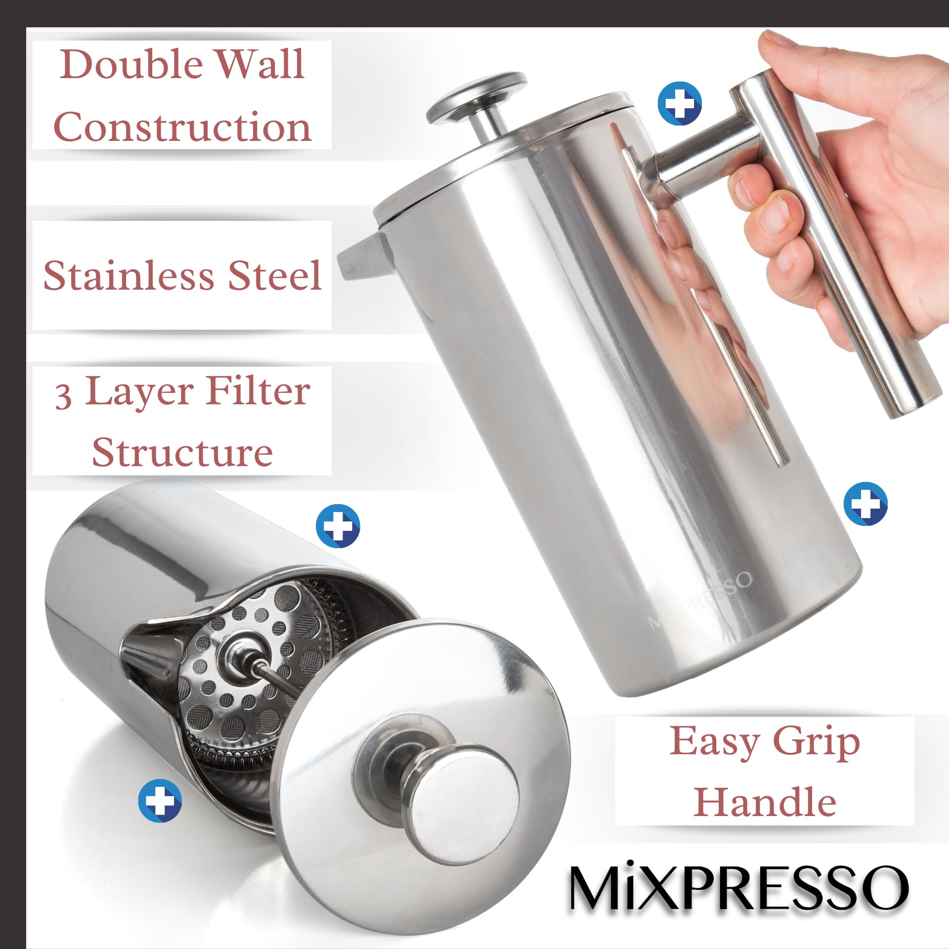 Mixpresso Prensa Francesa doble pared aislada mantiene la bebida caliente por más tiempo.