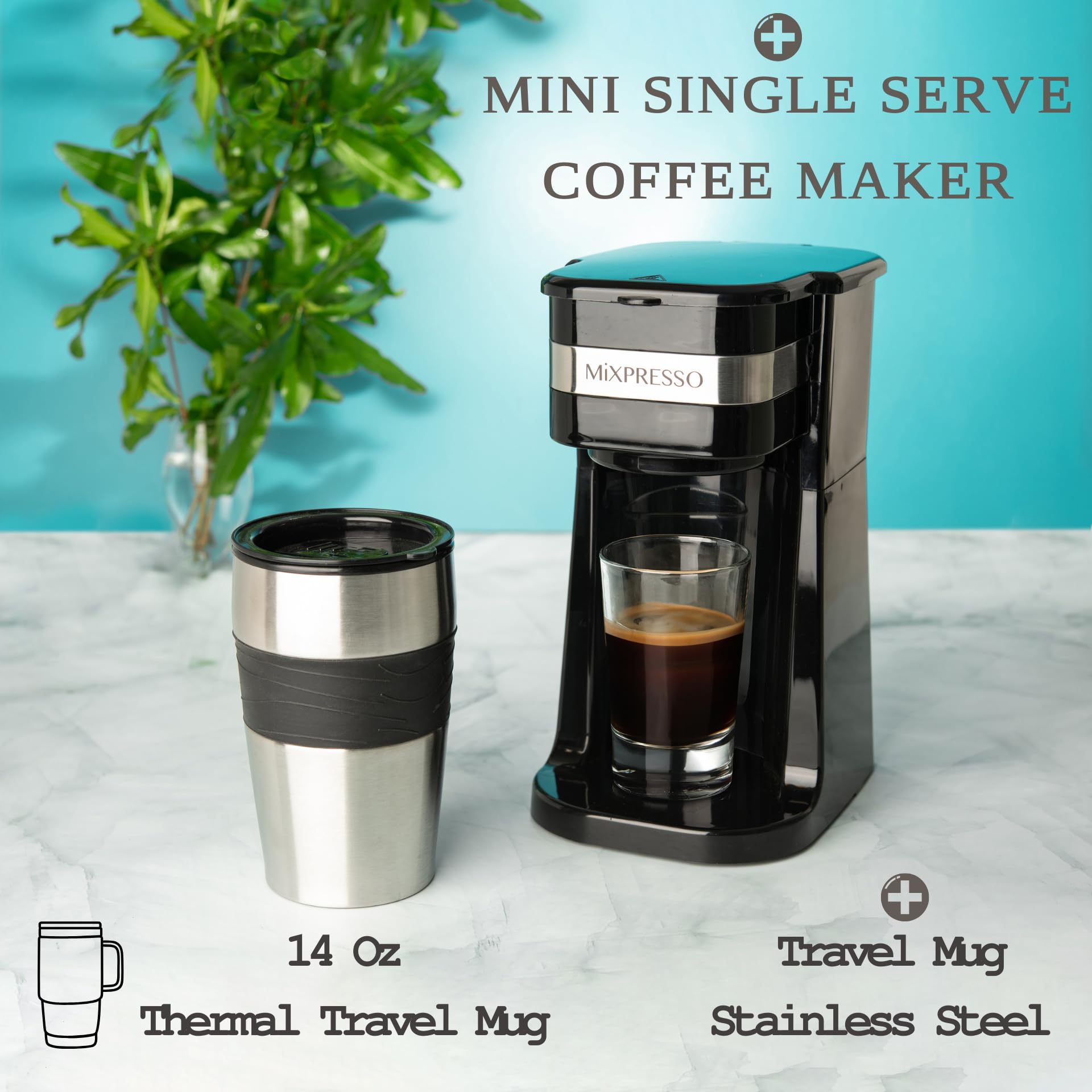 Mixpresso taza de viaje ergonómica, compatible con la mayoría de portavasos de coche.