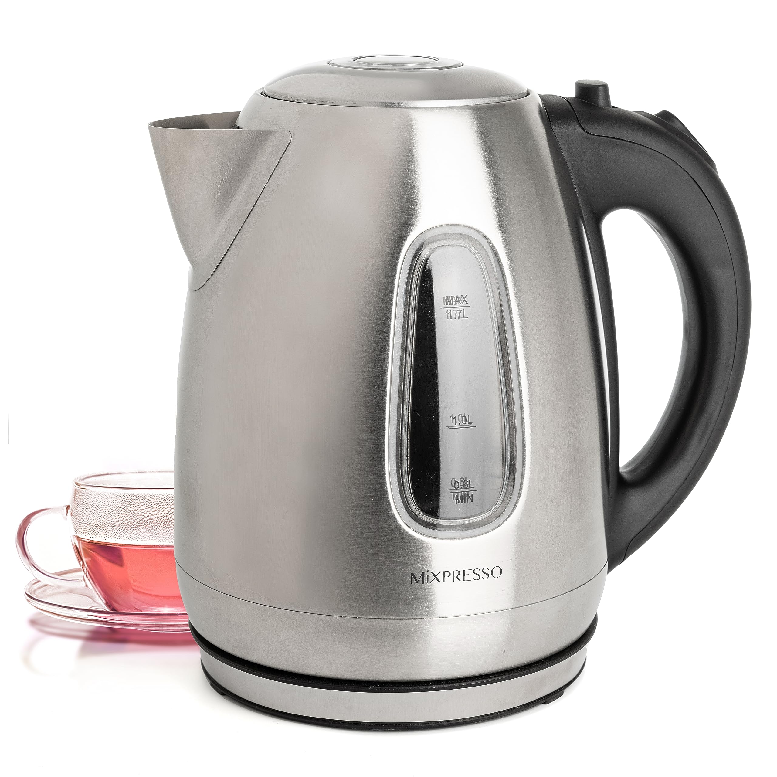 Tetera Mixpresso con acabado cepillado en acero inoxidable para uso diario.