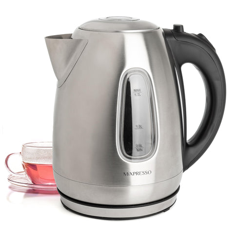 Tetera Mixpresso con acabado cepillado en acero inoxidable para uso diario.