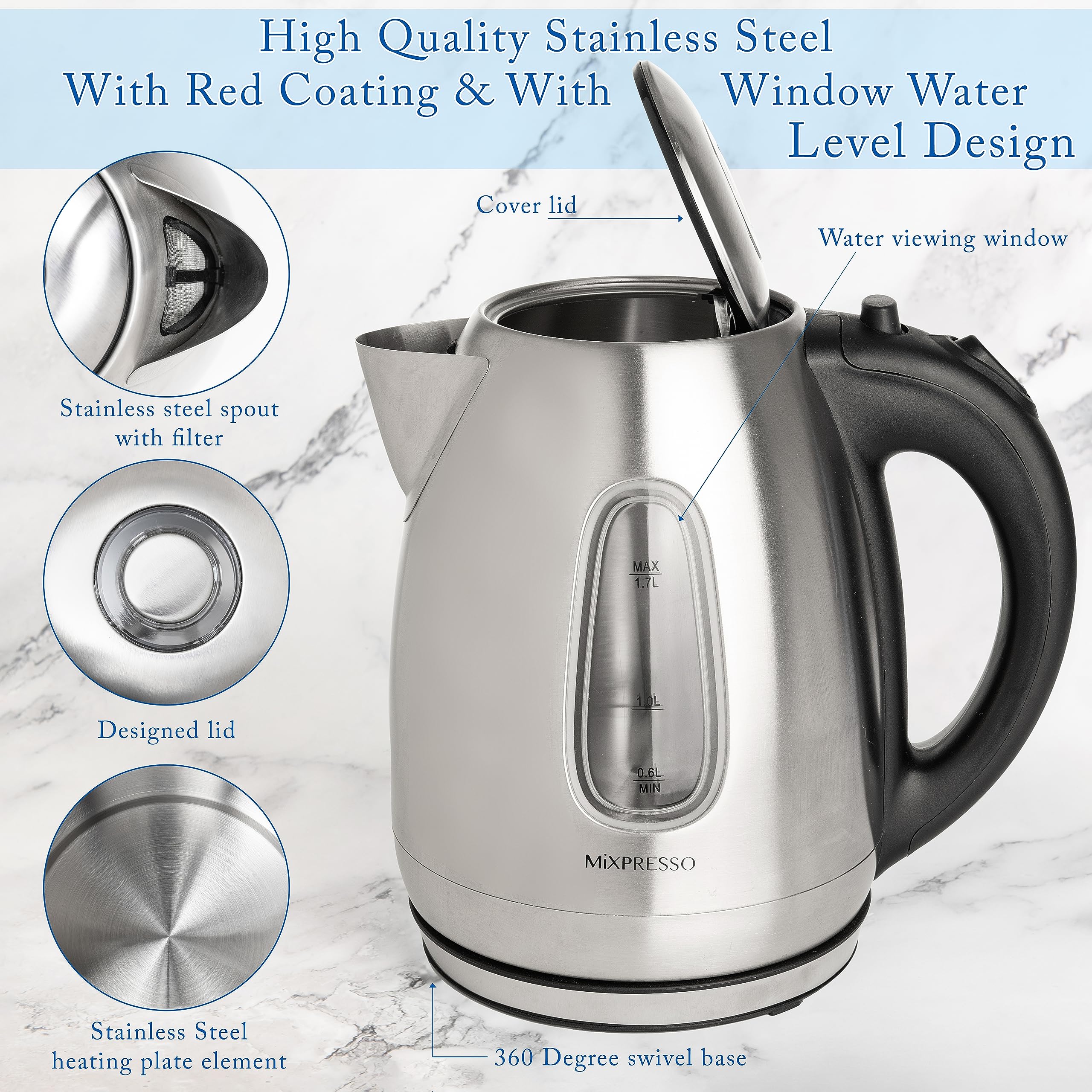 Tetera Mixpresso eléctrica con filtro removible para limpieza fácil.