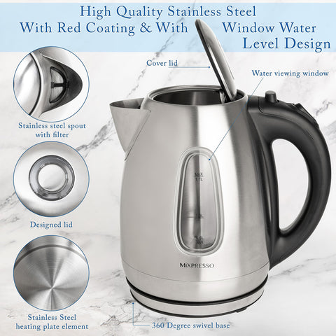 Tetera Mixpresso eléctrica con filtro removible para limpieza fácil.