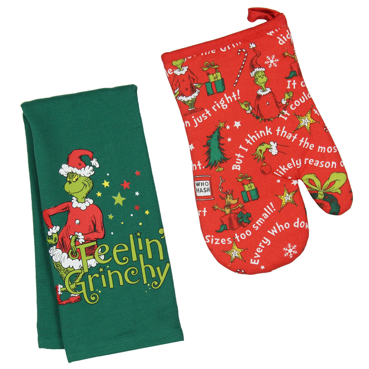 Toalla verde Grinch de MJC para decoración festiva de cocina.