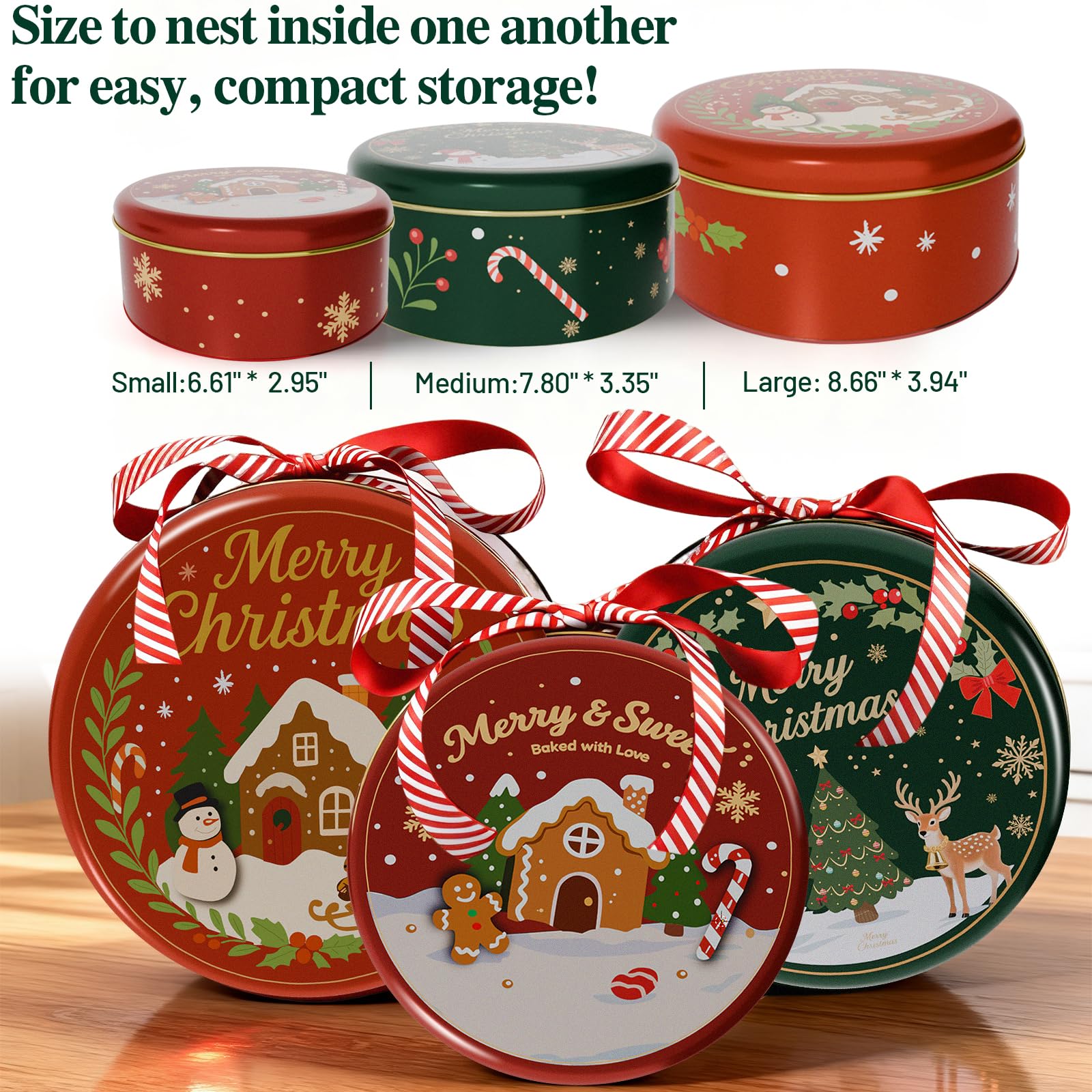 Las latas MKGDDS de Navidad vienen en distintos tamaños para regalos.