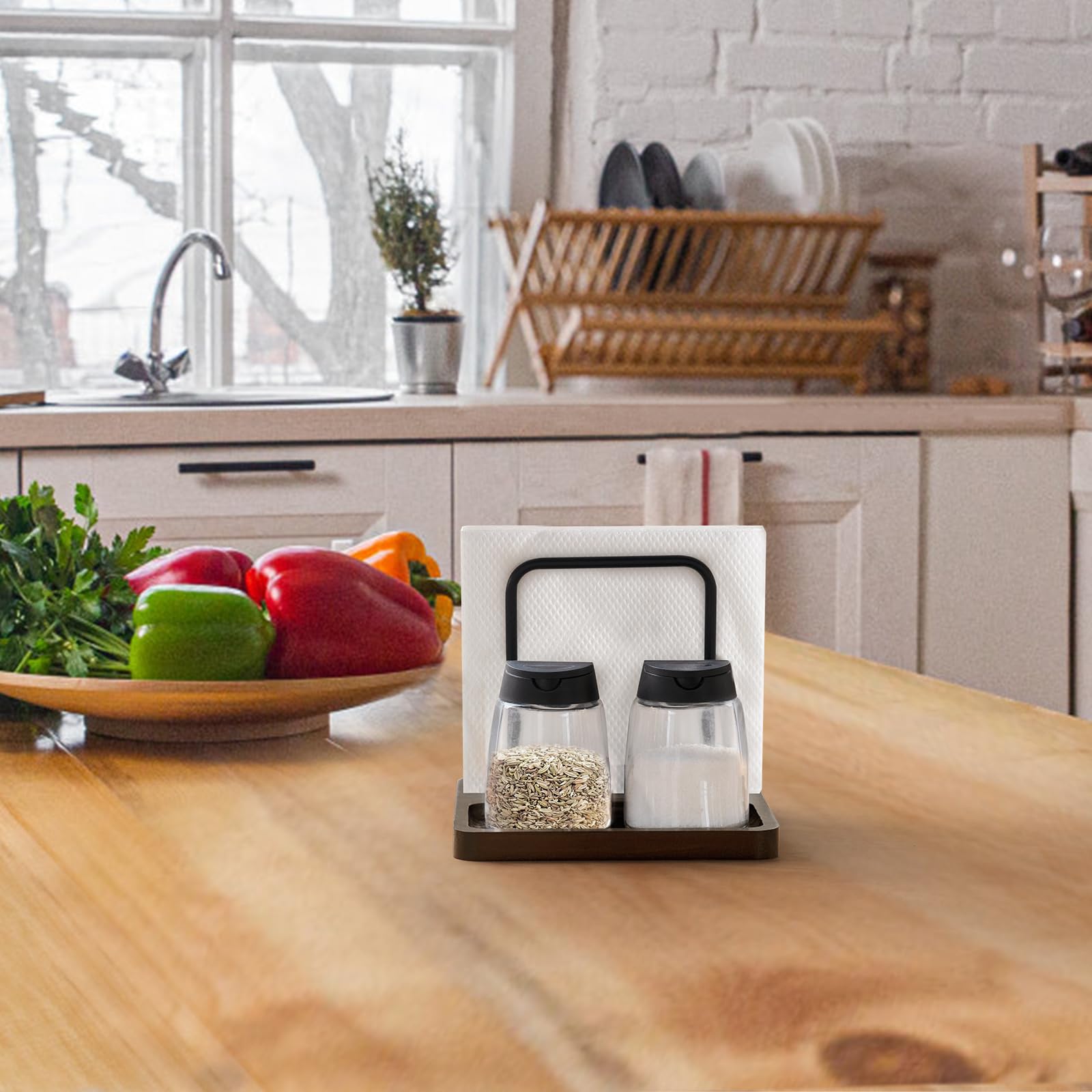 Mkono base de madera para servilletas, estable y elegante en la mesa de cocina.