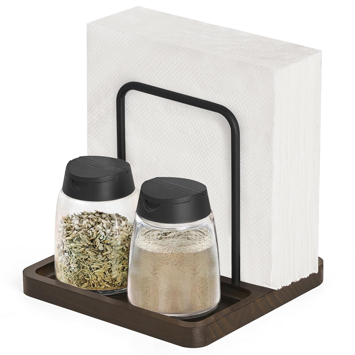 Mkono porta-servilletas para mesa con base de madera rústica y barra de metal, lista para la cena.
